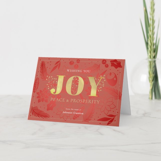 JOY Chic Red Floral Pattern Business Holiday Card (Front)
