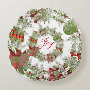 Joy Chistmas Wreath Round Throw Pillow