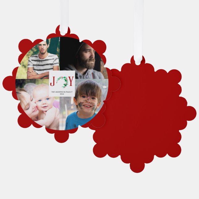 Joy Christmas 4 Photo Collage Family Picture Tree Decoration Card (Front/Back)