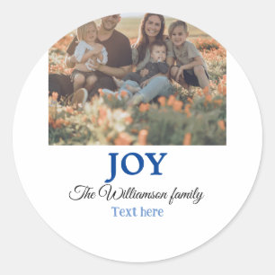 Joy christmas add family name photo holiday giftts classic round sticker