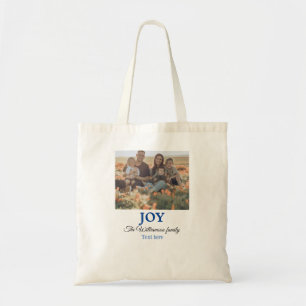 Joy christmas add family name photo holiday giftts tote bag