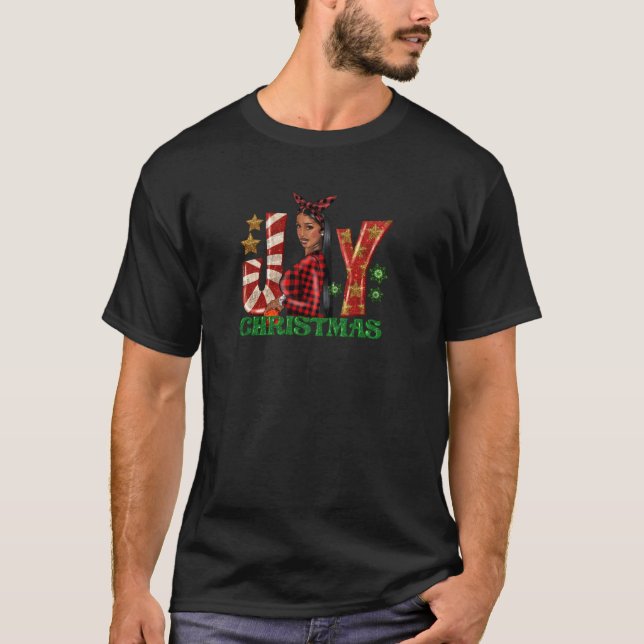 Joy Christmas Afro Black Woman Buffalo Plaid Messy T-Shirt (Front)