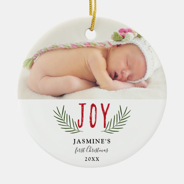 Joy Christmas Baby's First Christmas Photo Elegant Ceramic Tree Decoration (Front)