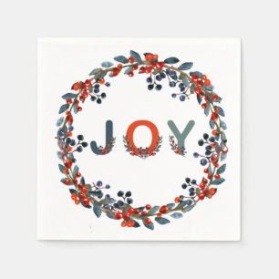 Joy Christmas Berries Wreath Holiday Party Napkin