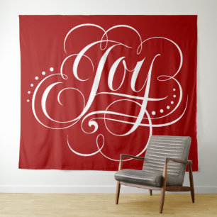 JOY Christmas Calligraphy Lettering Red Tapestry