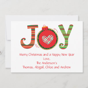 Joy Christmas Card, Red Green Gold Personalise