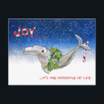 Joy Christmas Dolphin Porpoise of Life Stars Holiday Postcard<br><div class="desc">This cartoon dolphin has a holiday wreath on for Christmas in an ocean of stars. Also has a candy cane on his tail fluke. Card reads "Joy" on front And below "... it's the porpoise of life" On the back is another cute dolphin and the text "Wishing you an ocean...</div>