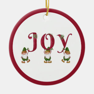 JOY Christmas Elves holding Letters Ceramic Tree Decoration