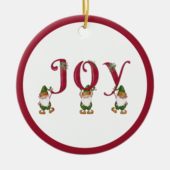 JOY Christmas Elves holding Letters Ceramic Tree Decoration (Front)