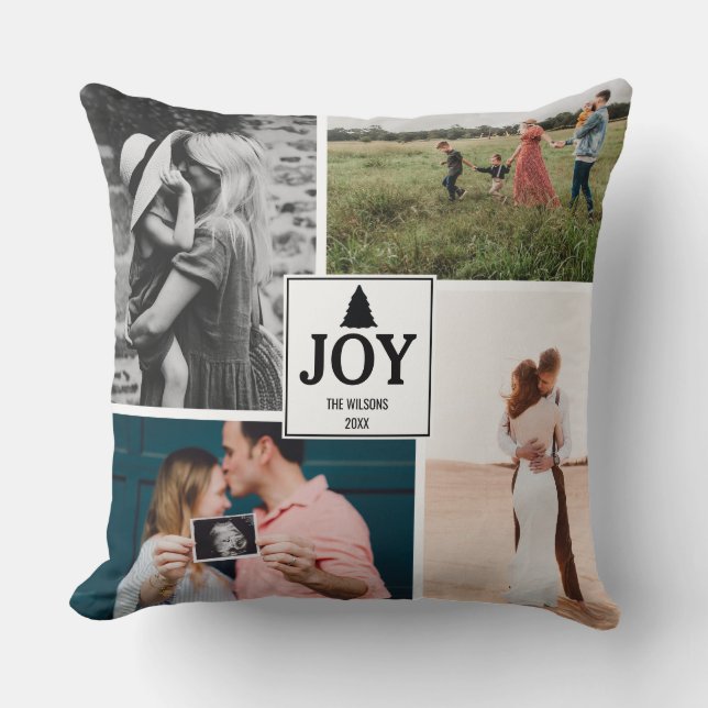 Joy Christmas Family Photo Collage Cushion (Front)
