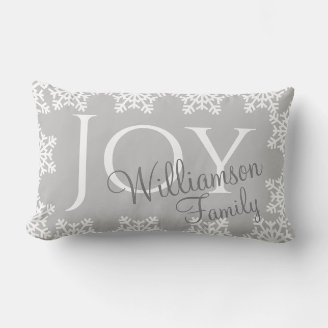 JOY Christmas Family Silver Grey White Snowflake Lumbar Cushion (Front)