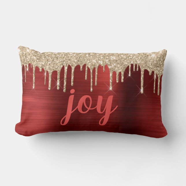 Joy Christmas Glitter Drips Red Metallic  Lumbar Cushion (Front)