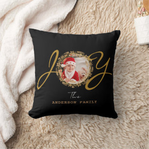 Joy Christmas Gold Photo Black Cushion