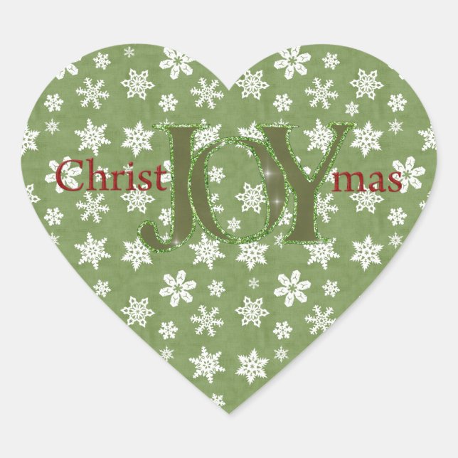 Joy Christmas Green and White Snowflakes Heart Sticker (Front)
