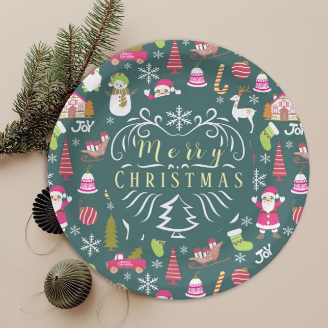 Joy Christmas Green Paper Plate (Cute Christmas joy party plate. )