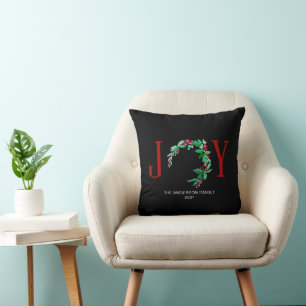 Joy Christmas Half Wreath Holiday Watercolor Cushion