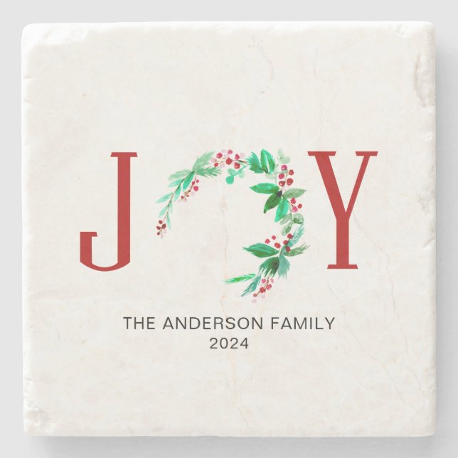 Joy Christmas Half Wreath Holiday Watercolor Stone Coaster (Front)