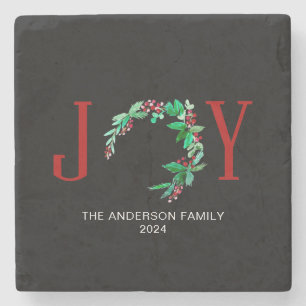 Joy Christmas Half Wreath Holiday Watercolor Stone Coaster