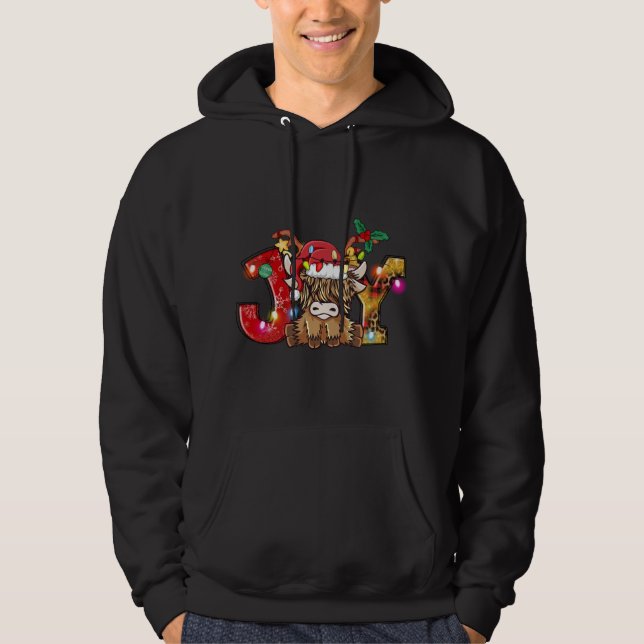 Joy Christmas Highland Cow Farming Farmer Santa Ha Hoodie (Front)