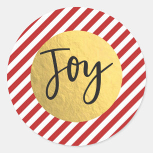 JOY Christmas Holiday Red White Stripes Gold Foil Classic Round Sticker