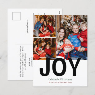 Joy Christmas holidays Modern Typography 3 Photo Holiday Postcard