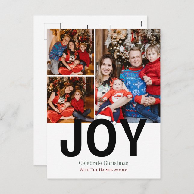Joy Christmas holidays Modern Typography 3 Photo Holiday Postcard (Front/Back)