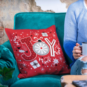 Joy Christmas Holidays Red Festive Winter Cushion