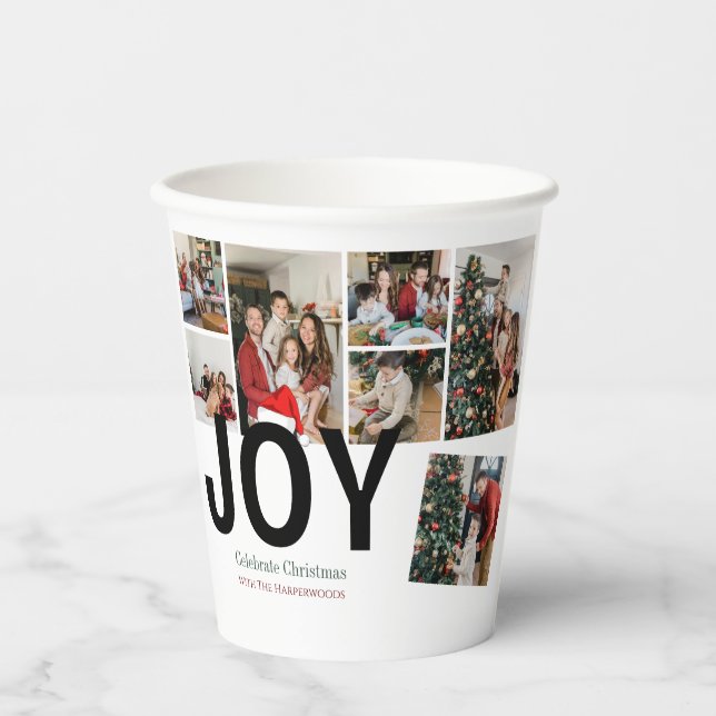 Joy Christmas holidays Script Family Photo Collage Paper Cups (Front)