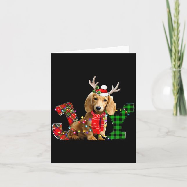 Joy Christmas Lights Long Haired Dachshund Dog San Card (Front)