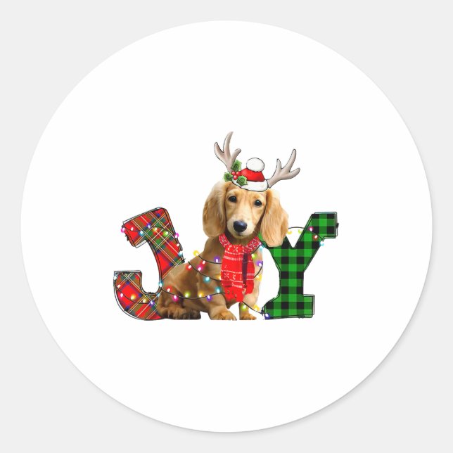 Joy Christmas Lights Long Haired Dachshund Dog San Classic Round Sticker (Front)