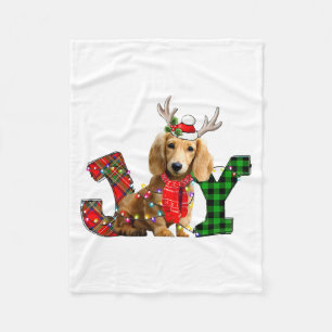 Joy Christmas Lights Long Haired Dachshund Dog San Fleece Blanket