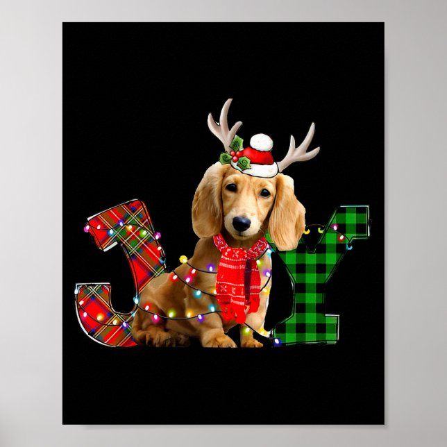 Joy Christmas Lights Long Haired Dachshund Dog San Poster (Front)