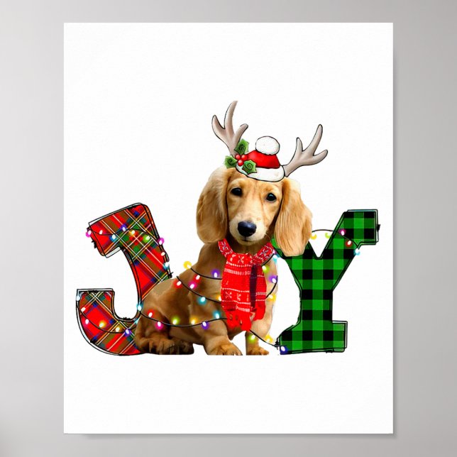 Joy Christmas Lights Long Haired Dachshund Dog San Poster (Front)