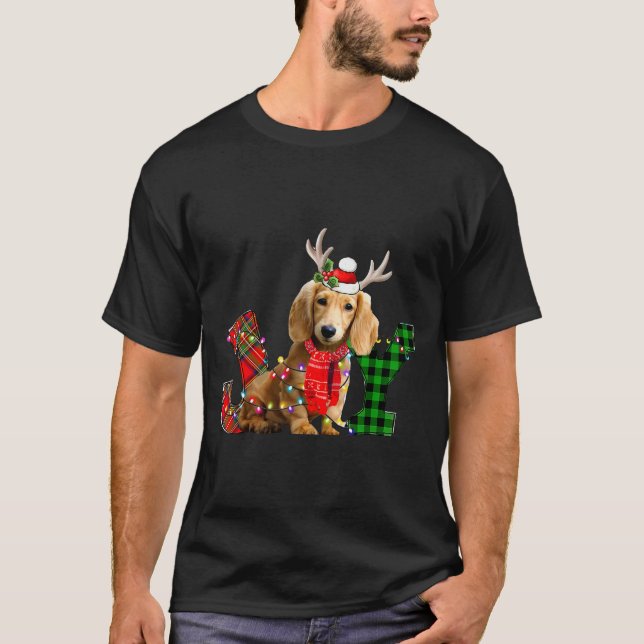 Joy Christmas Lights Long Haired Dachshund Dog San T-Shirt (Front)