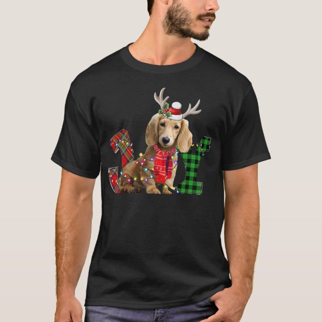 Joy Christmas Lights Long Haired Dachshund Dog San T-Shirt (Front)