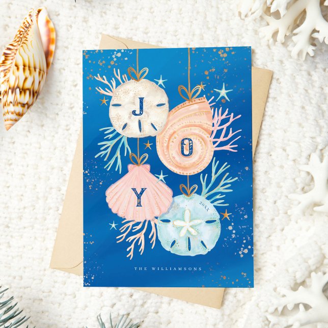 Joy Christmas Ocean Watercolor Seashell Ornaments Holiday Card (Joy Christmas Ocean Watercolor Seashell Ornaments Holiday Card)