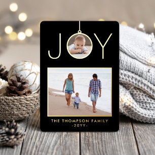 Joy Christmas Ornament 2 Photo Chic Black Modern Foil Holiday Card