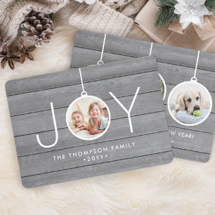 Joy Christmas Ornaments Simple Grey Wood 4 Photo Holiday Card