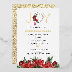 Joy Christmas Party Foliage Wreath Foil Invitation