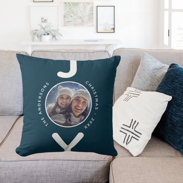 Joy Christmas photo blue white simple minimalist Cushion (Creator Uploaded)