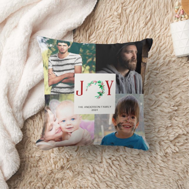 JOY Christmas Photo Collage 4 Family Pictures Cushion (Blanket)