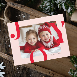 JOY Christmas Photo   Modern Red & Pink Family Postcard