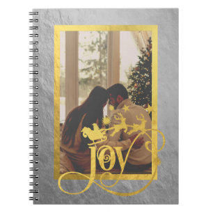 Joy Christmas Photo Silver & Gold Spiral Notebook