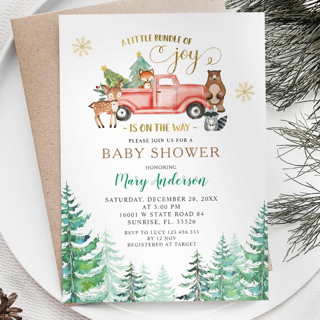 Joy Christmas Pine Tree Baby Shower Is On The Way  Invitation (Creator Uploaded)