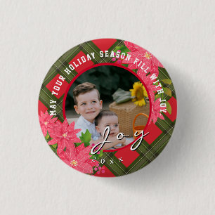 Joy Christmas Poinsettia Photo Plaid 3 Cm Round Badge