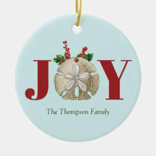 Joy Christmas Sand Dollar Holly Berries Coastal  Ceramic Tree Decoration