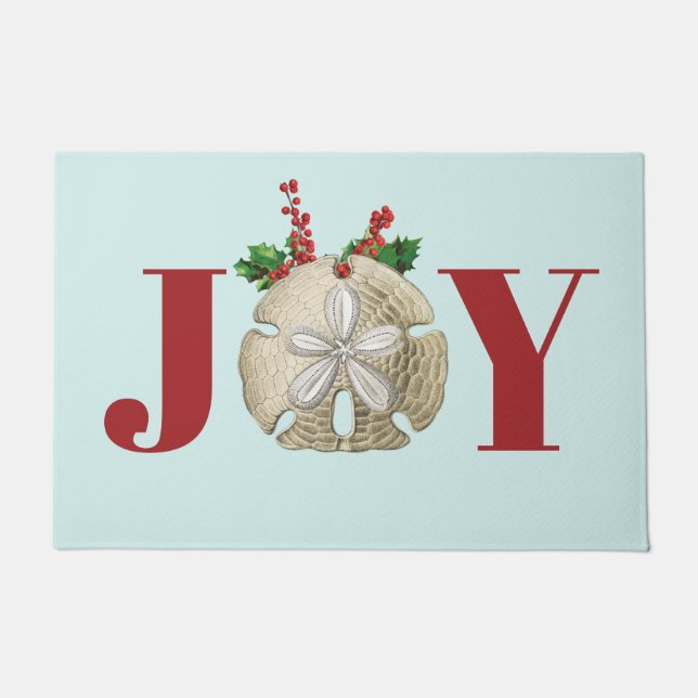 Joy Christmas Sand Dollar Holly Berries Coastal  Doormat (Front)