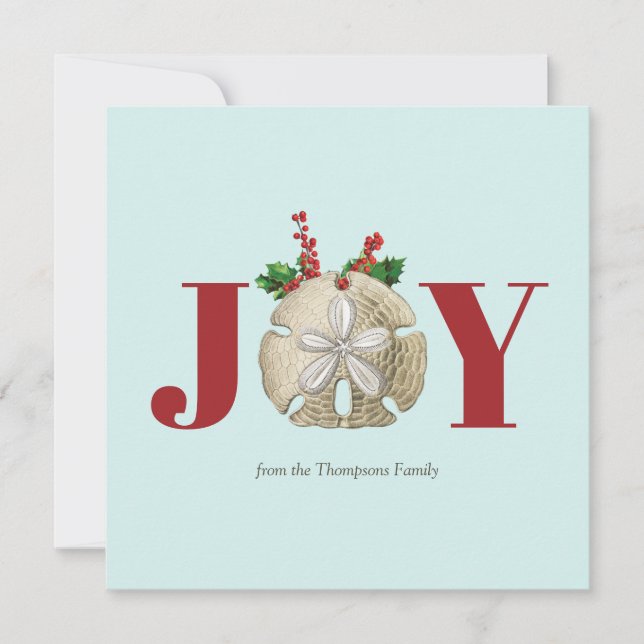 Joy Christmas Sand Dollar Holly Berries Coastal Holiday Card (Front)