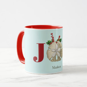 Joy Christmas Sand Dollar Holly Berries Coastal  Mug