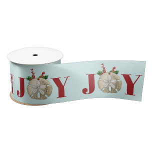 Joy Christmas Sand Dollar Holly Berries Coastal  Satin Ribbon